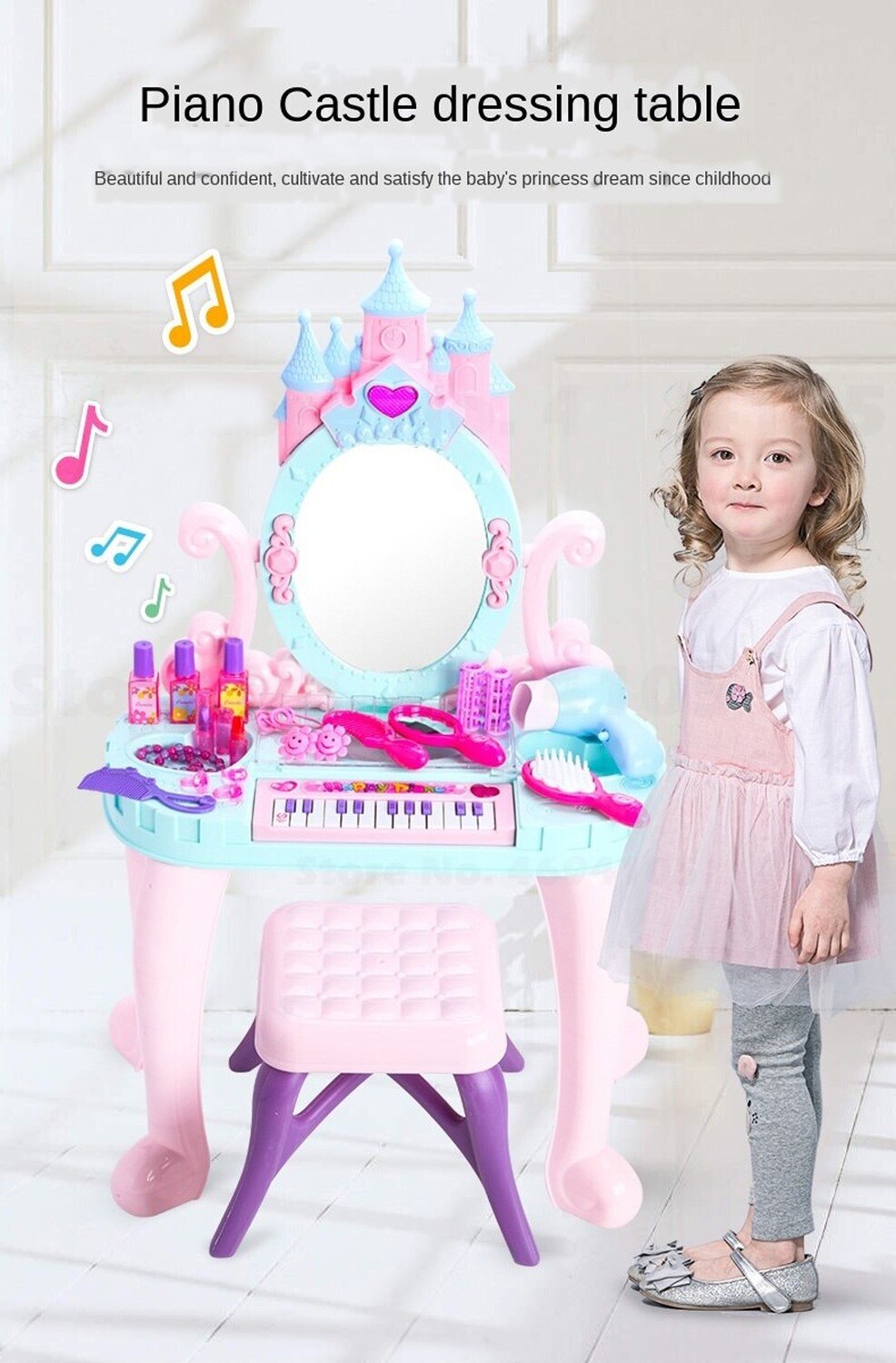 Princess Dressing Makeup Table Girls Kids Vanity Table & Chair with Mirror Working Hair Dryer Makeup Accessories