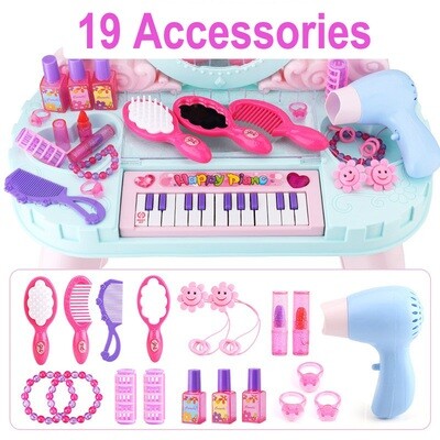Princess Dressing Makeup Table Girls Kids Vanity Table & Chair with Mirror Working Hair Dryer Makeup Accessories