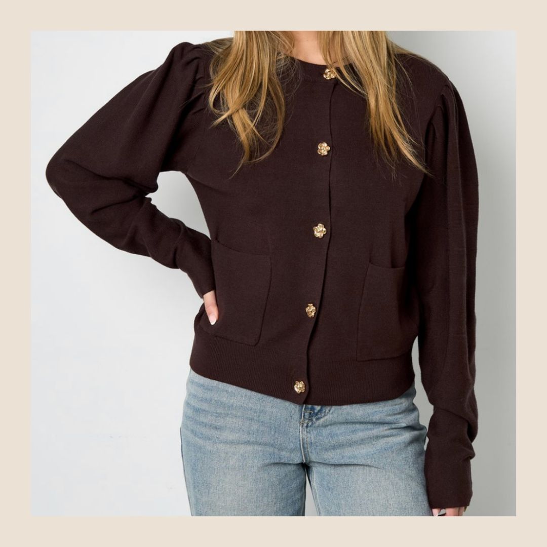 Bruin vest met gouden bloemetjes knopen - maat L/XL