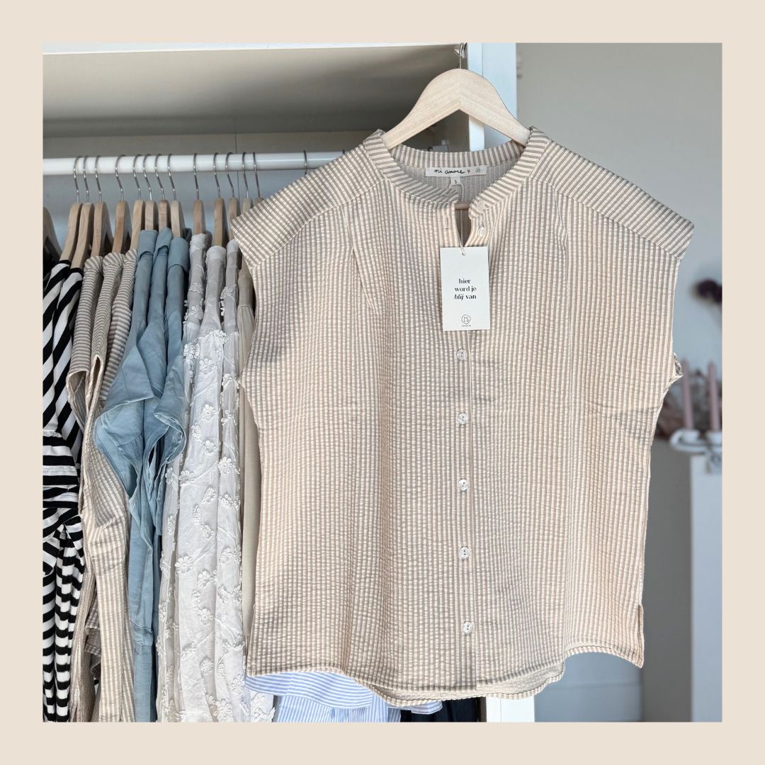 Zusss blouse met korte mouw, structuurstof beige/wit - maat S en M