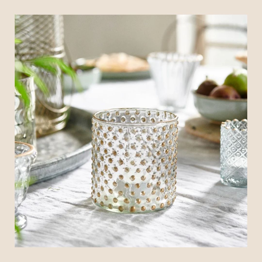 WELDAAD - Waxinelicht / vaasje met gouden stippen maat M