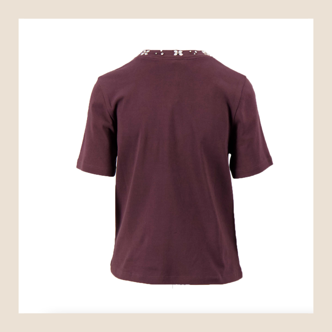 Zusss t-shirt met kraaltjes kraag burgundy - S, M, L en XL