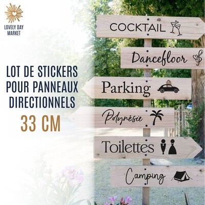 Stickers mariage pour panneaux directionnels ou flèches, texte + dessin 33 cm