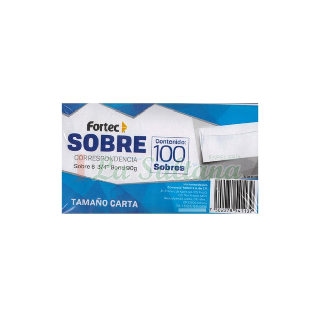 SOBRE CARTA FORTEC 6 3/4" BLANCO 90GR C/100