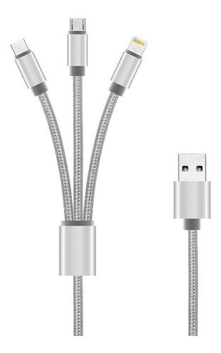Cable Usb 3 En 1 , Micro Usb / iPhone / Tipo C, Color: plata