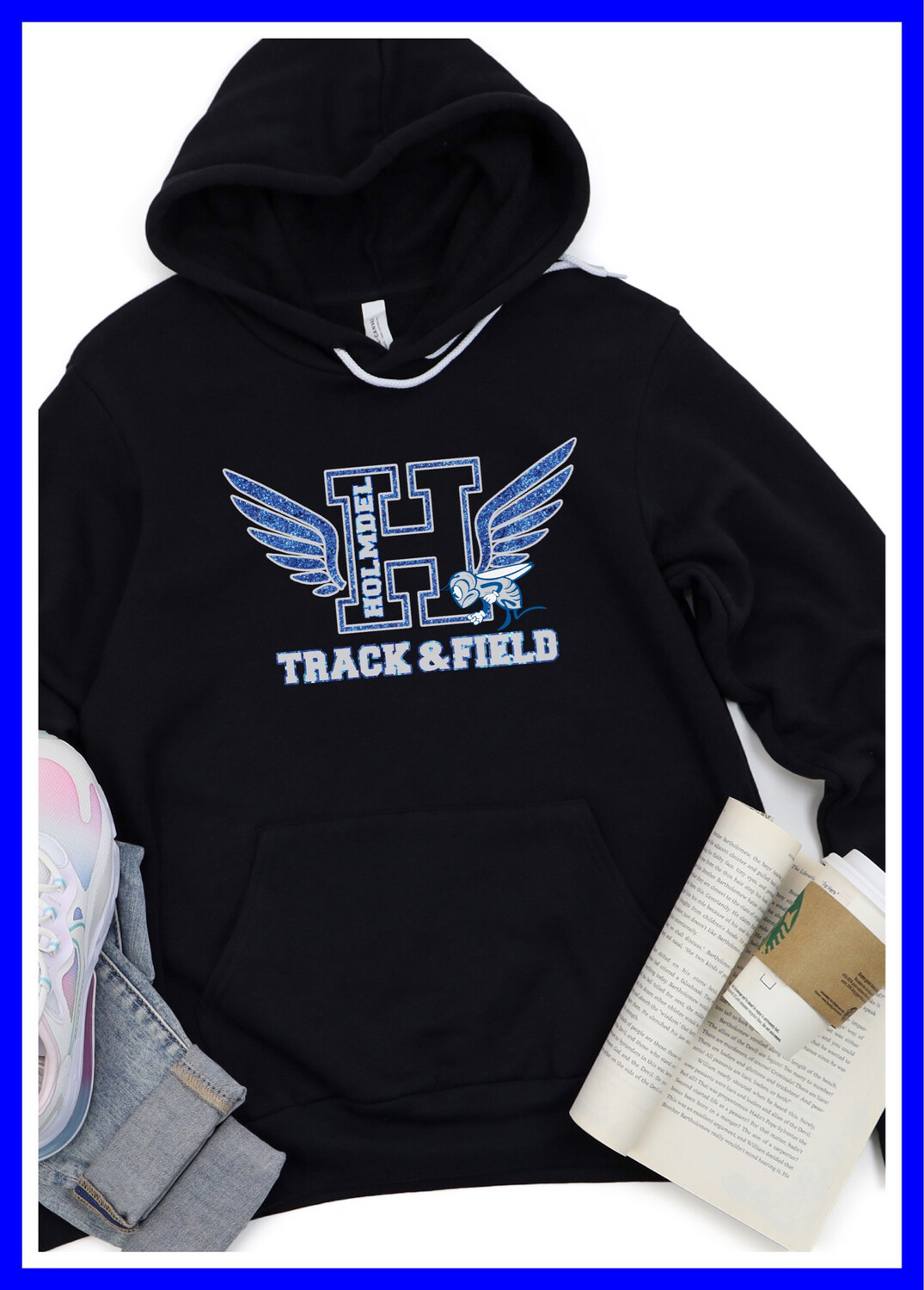 Black Glitter Holmdel Track &amp; Field Sweatshirt- premium brand Bella Canvas