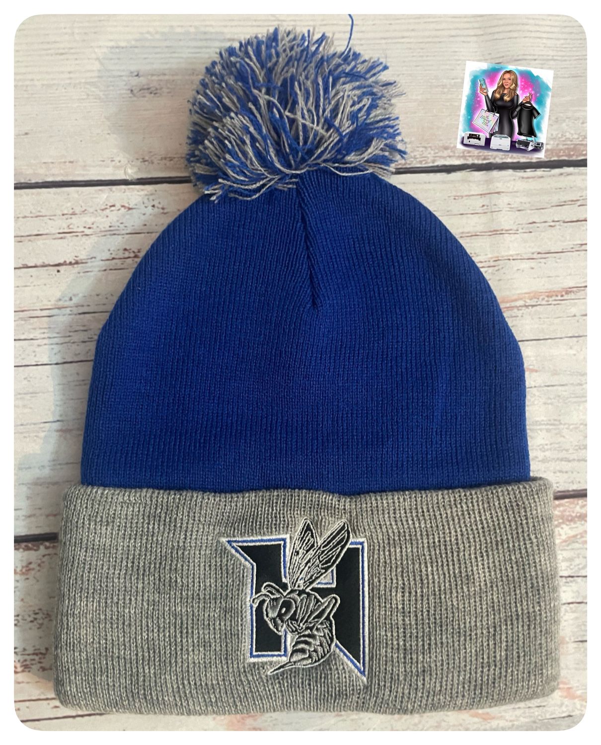 Embroidered Royal and Gray POM POM beanie