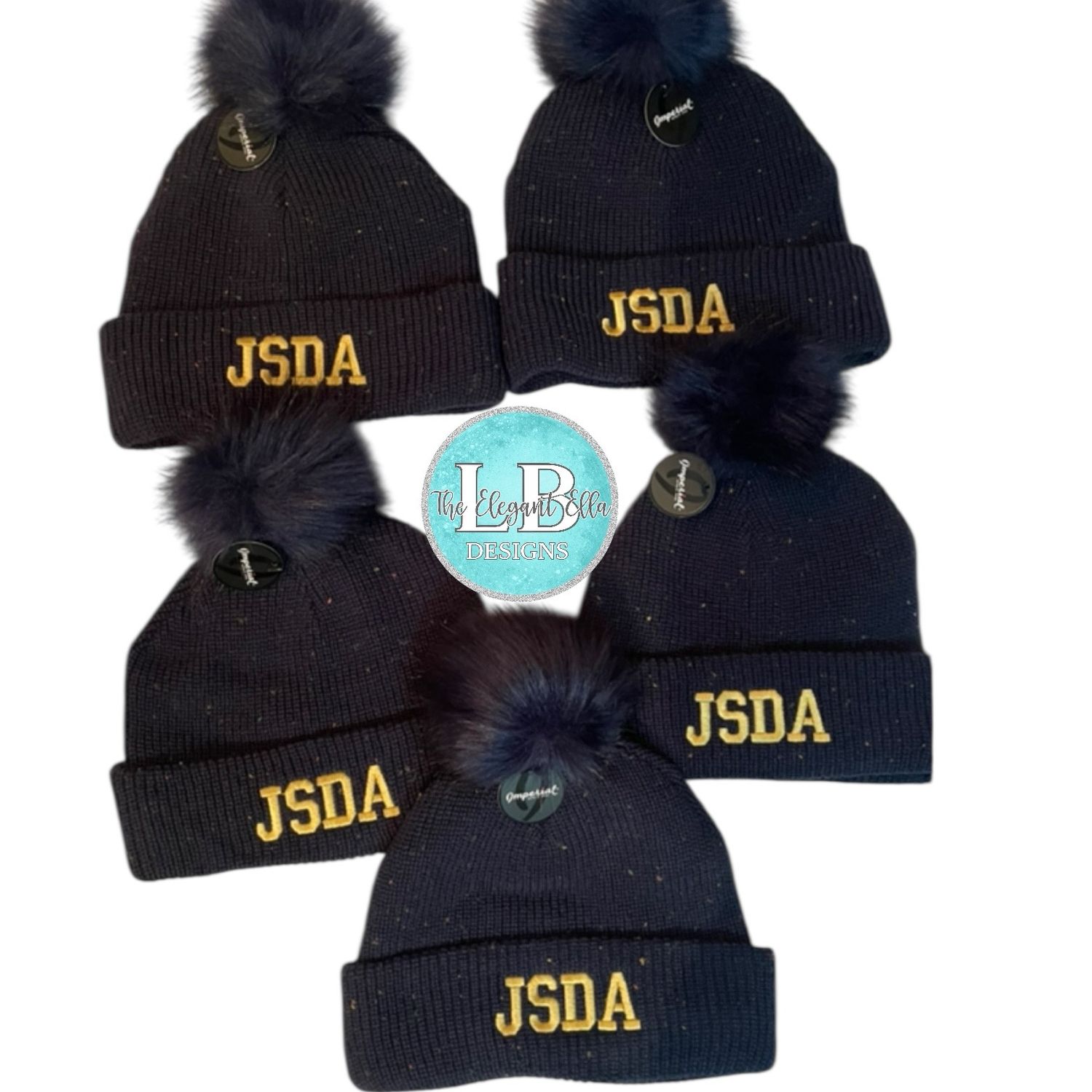 JSDA pom pom hat- embroidered JSDA in gold
