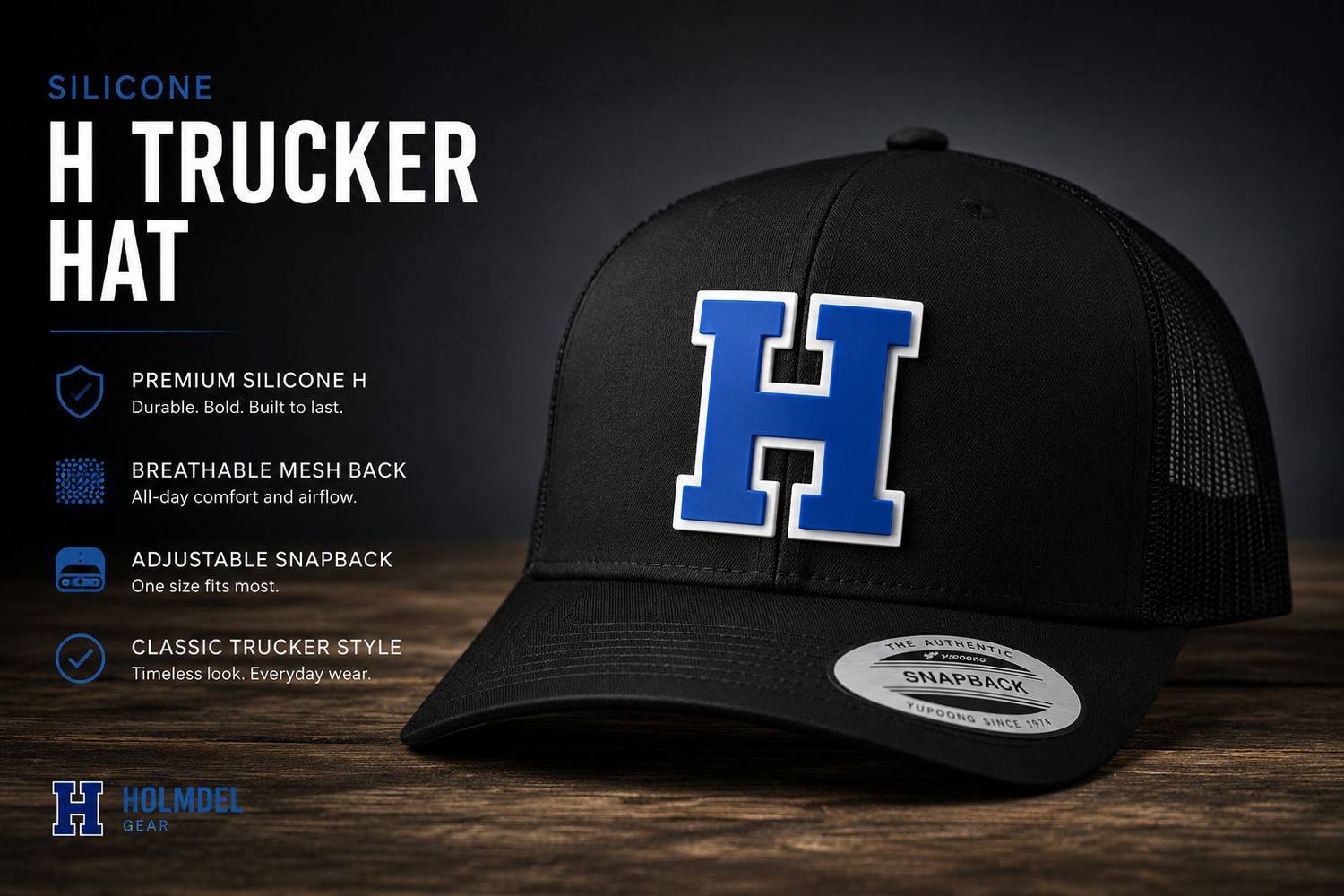 HOLMDEL HFA SILICONE H patch Trucker hat