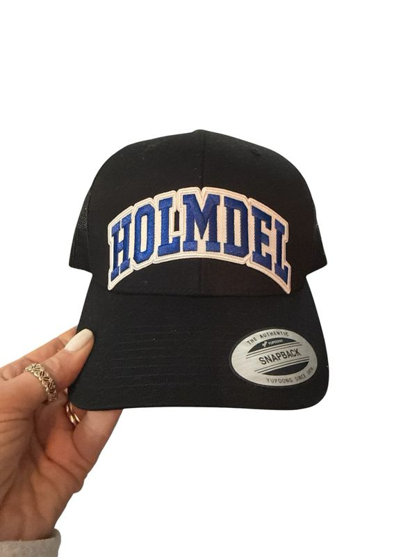 Holmdel Embroidered Patch Trucker Hat Light Distressed Denim Or Black