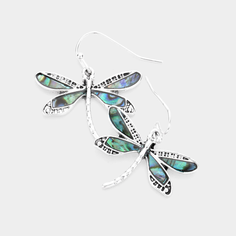 ABALONE METAL DRAGONFLY DANGLE EARRINGS