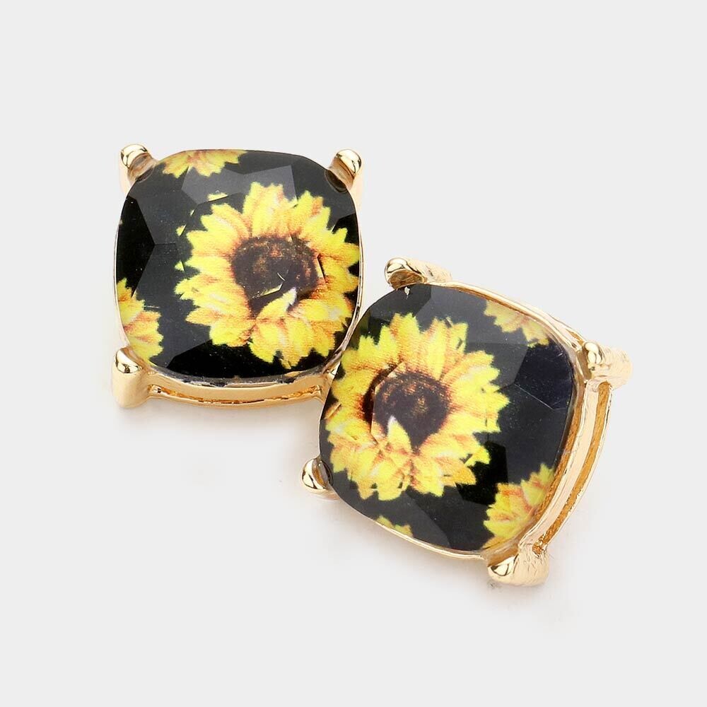 SUNFLOWER PRINTED SQUARE STUD EARRINGS