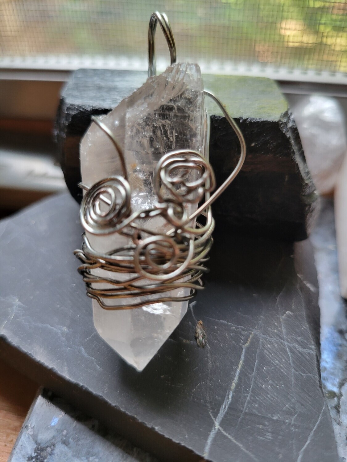 Pendant Rough Quartz & Hematite(wire) The Yin/Yang Piece - Created by Judy