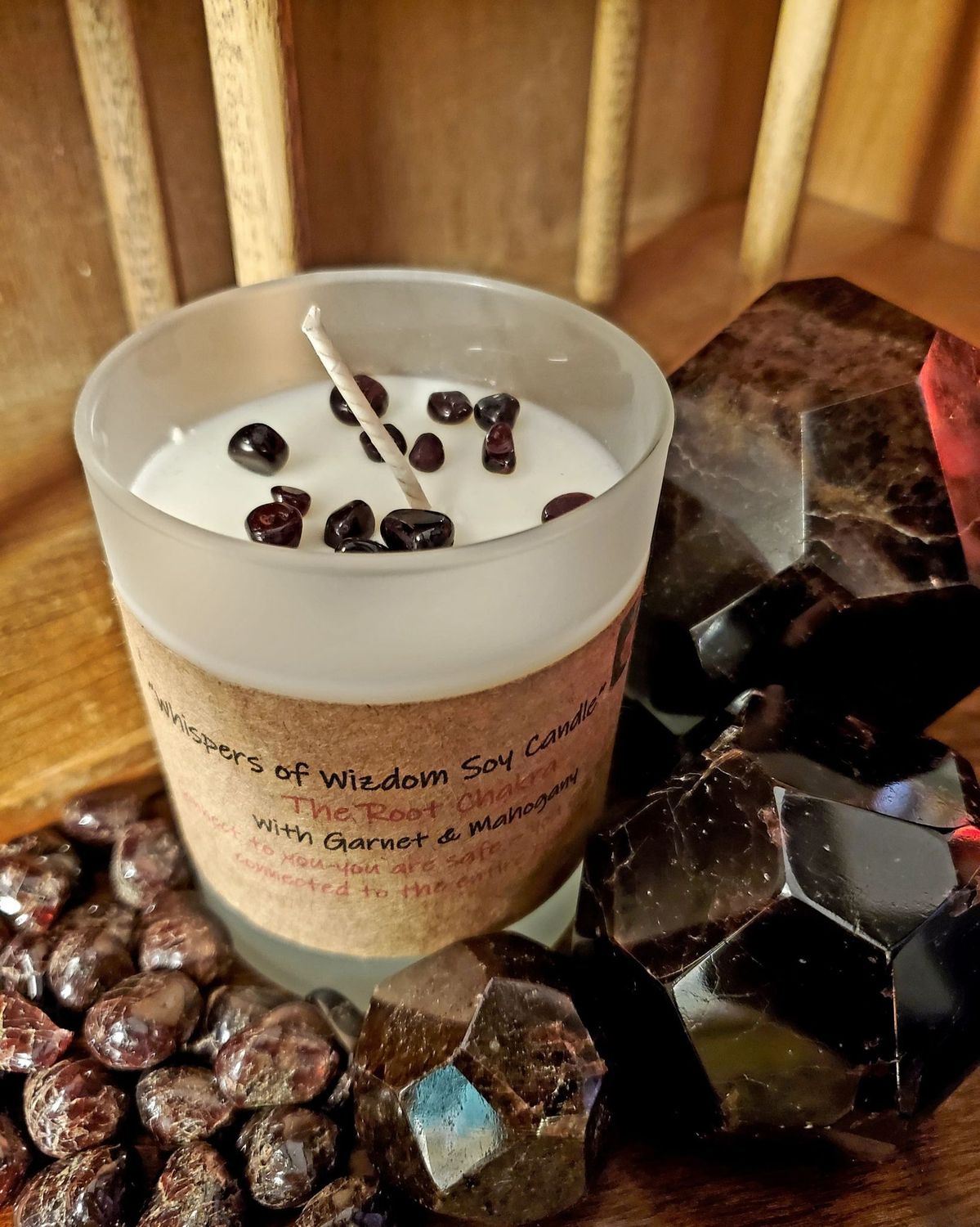 Judy&#39;s Soy Candle - Chakra Root- with mahogany &amp; garnet