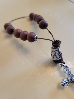 Judy's Hand-designed Cross - Vehicle Hanger -Sandalwood and blue beads.WAS$33