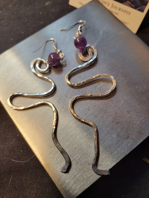 Judy&#39;s Hand-Designed Earrings- Not So Perfectly-Perfect- Long Swirls with Amethyst (snake like)