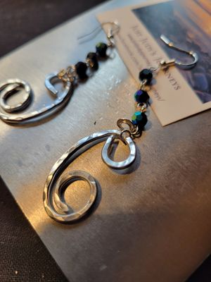 Judy's Hand-Designed Earrings- Not So Perfectly-Perfect  Swirls with Blue reflective rosary beads.