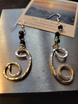 Judy&#39;s Hand-Designed Earrings- Not So Perfectly-Perfect  Swirls with Blue reflective rosary beads.