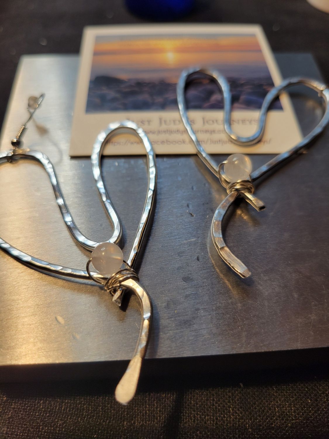 Judy&#39;s Hand-Designed Earrings- Not So Perfectly-Perfect -Hearts with Rose Quartz Bead