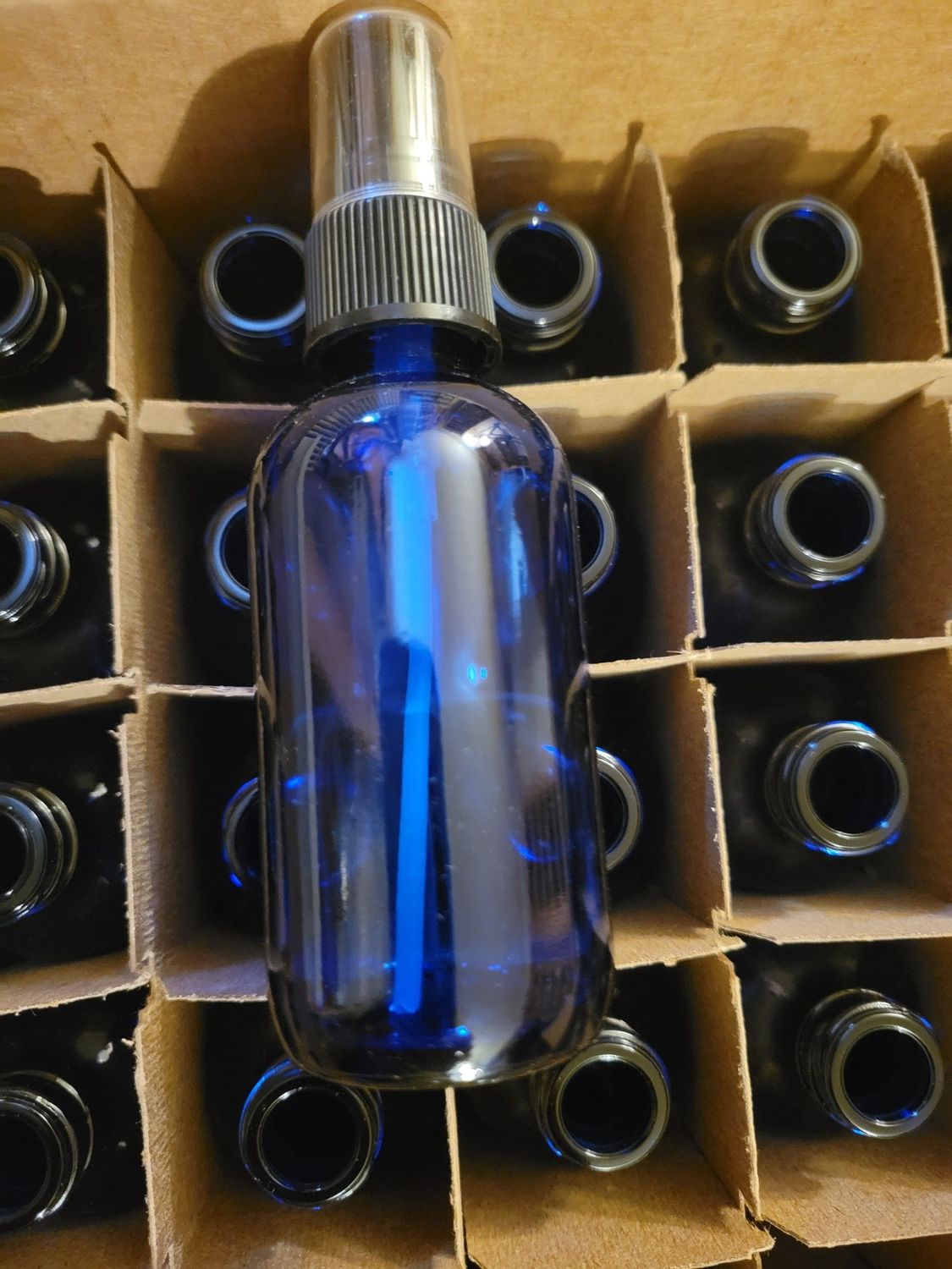 Bottle Blue Glass with Black Mist top (2 ozs)
