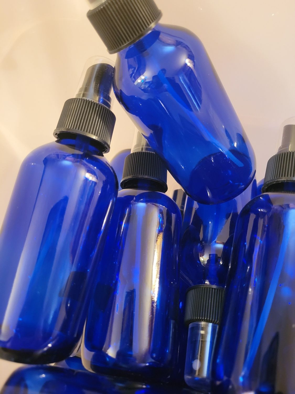 Bottle Blue Glass with Black Mist top (4 ozs)