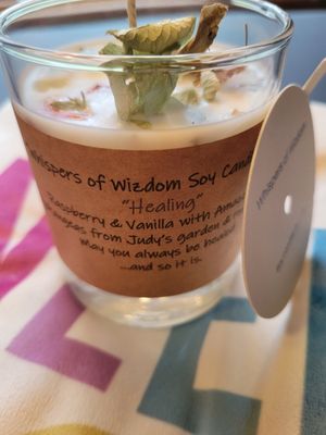 Judy&#39;s Soy Candle -&quot;Healing&quot; -Raspberry, Vanilla, amazonite &amp; Dried Flowers.