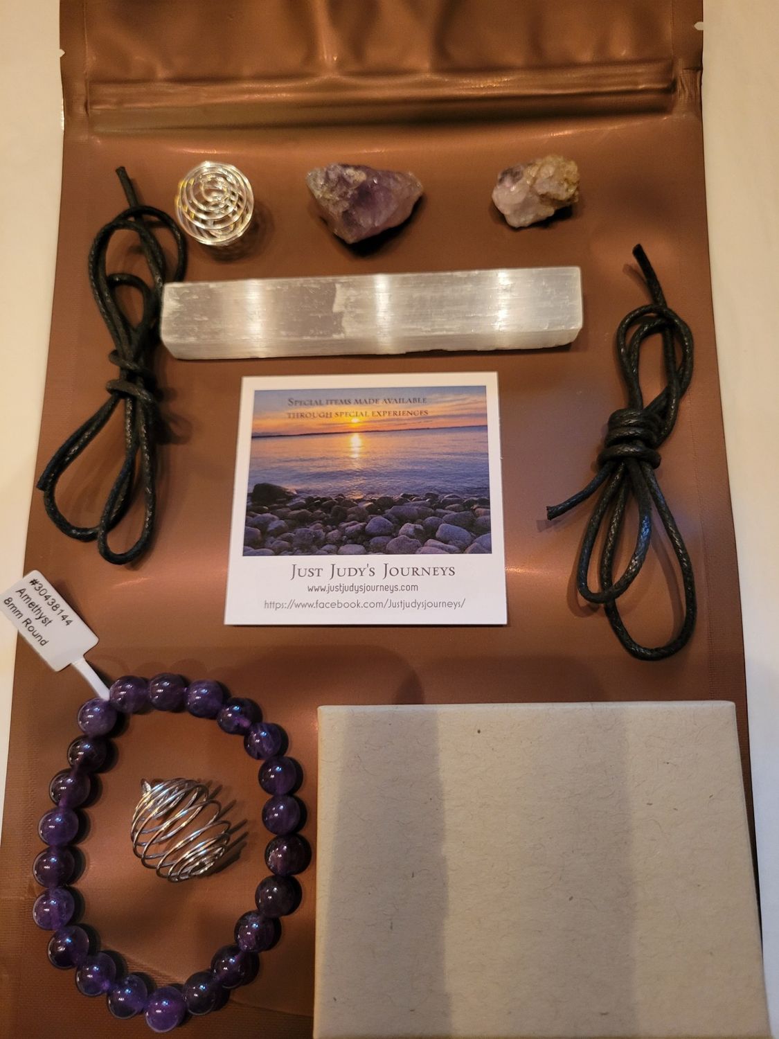 Gift Package -Amethyst Bracelet/Selenite/Two Cages/Two Amethyst Crystals/Two lengths of Cord &amp; One Gift Box