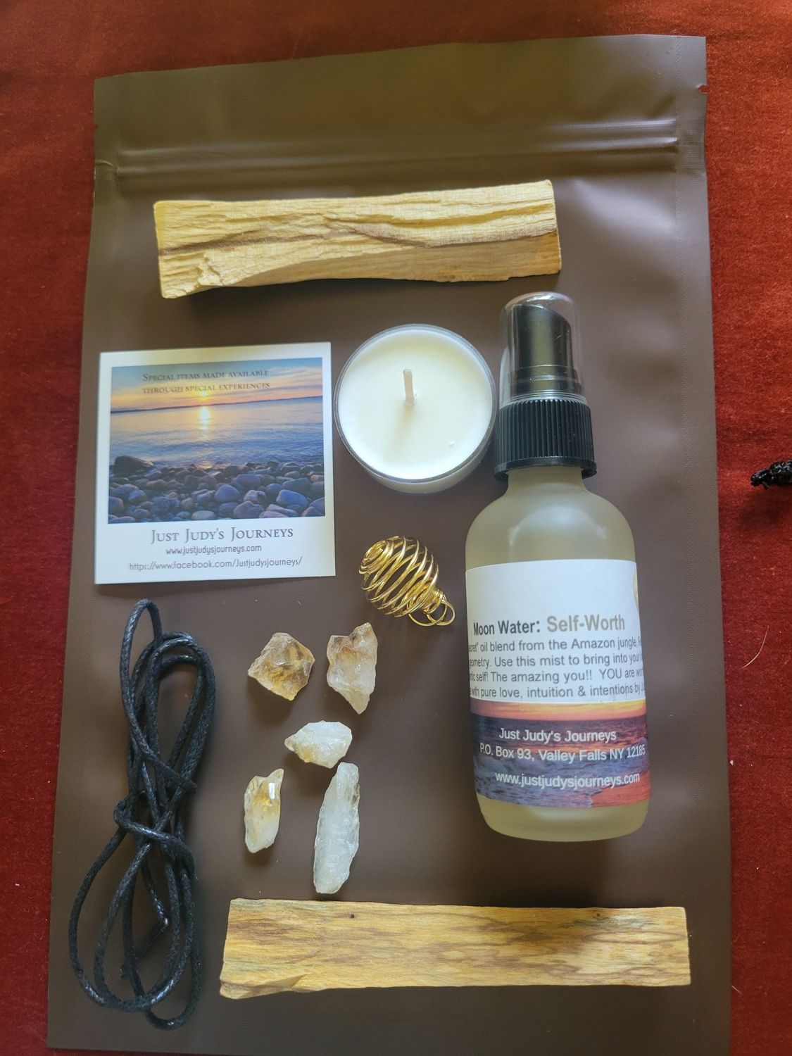 Gift Package -Self Worth Moon Water/Citrine pieces/Stone Cage/Positive Vibe Soy T-Light/Black Cord,
