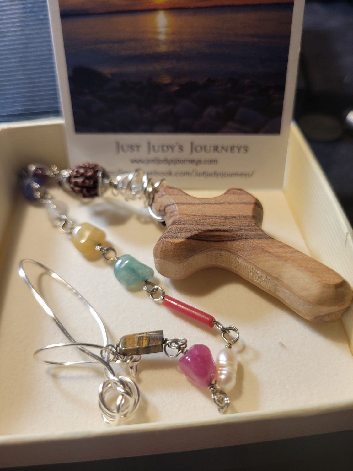 Judy&#39;s Hand-designed Cross - Olive wood (Jerusalem) Beads (India)-Vehicle Piece -or Wall Hanging.