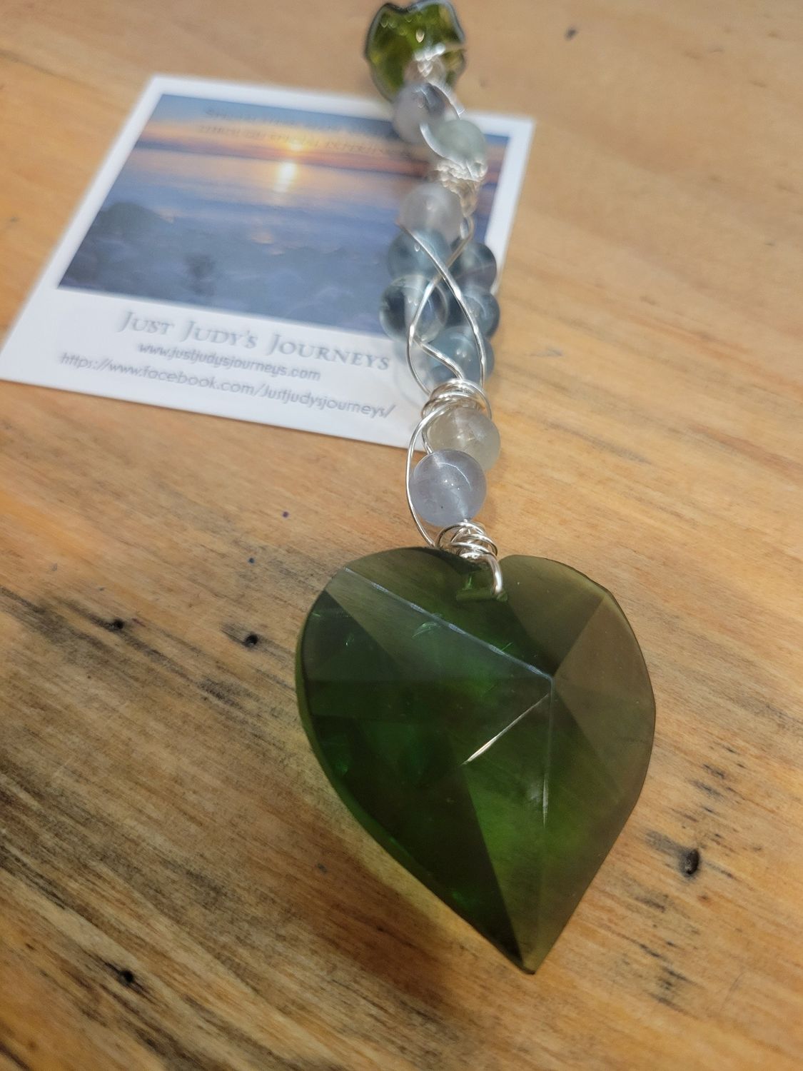 Light Catcher- Green Prism Heart &amp; Fluorite-Peace &amp; Love.