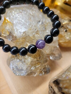Judy's Intuitively Created Bracelets-Enlightenment- Black Tourmaline &amp; Amethyst - 8mm bead. size medium(average)