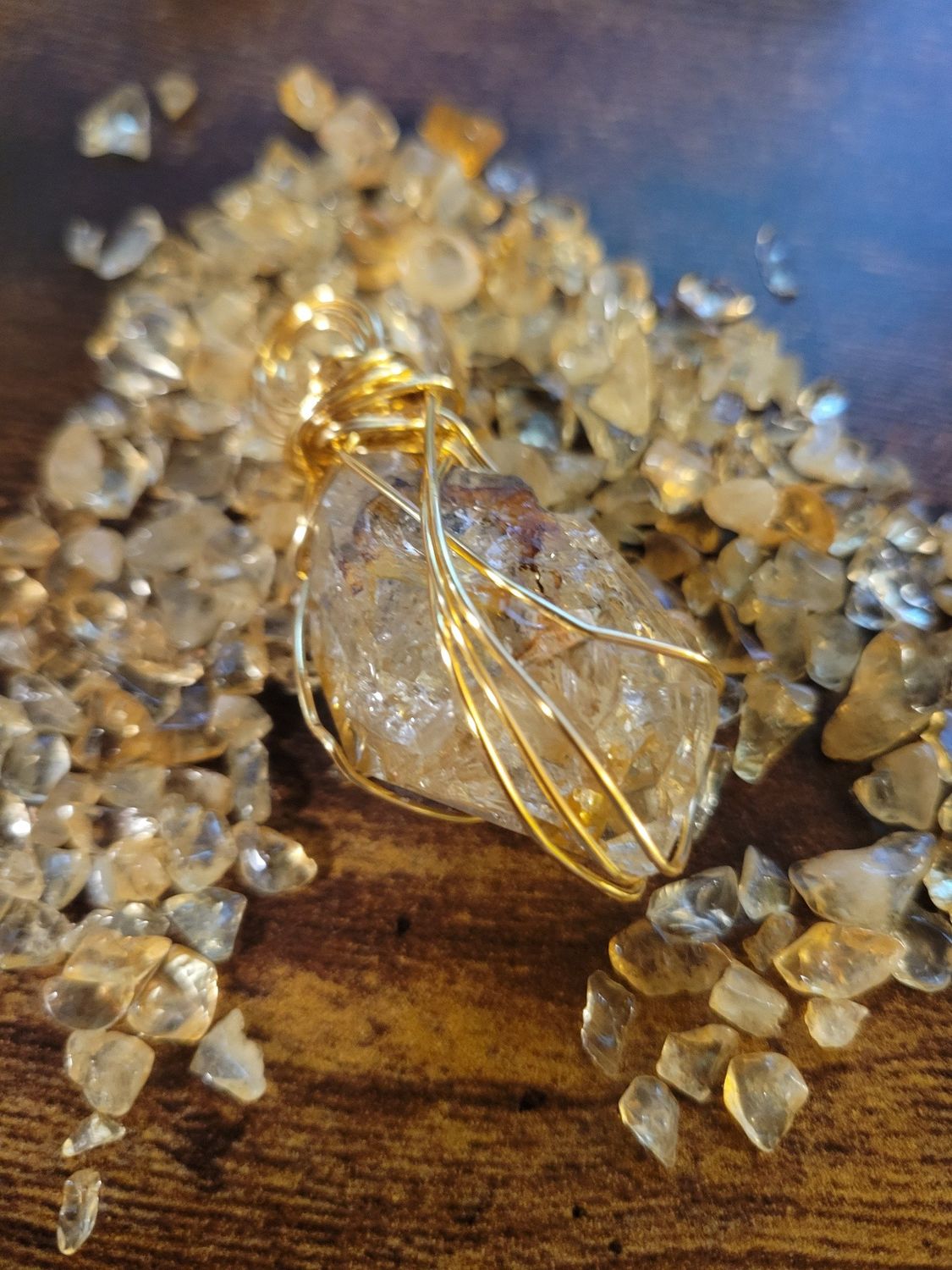 Pendant Herkimer Quartz (gold) - Created by Judy with Sacred geometry charged citrine chips