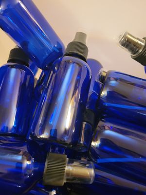 Bottle Blue Glass with Black Mist top (4 ozs) Were $6.50 each