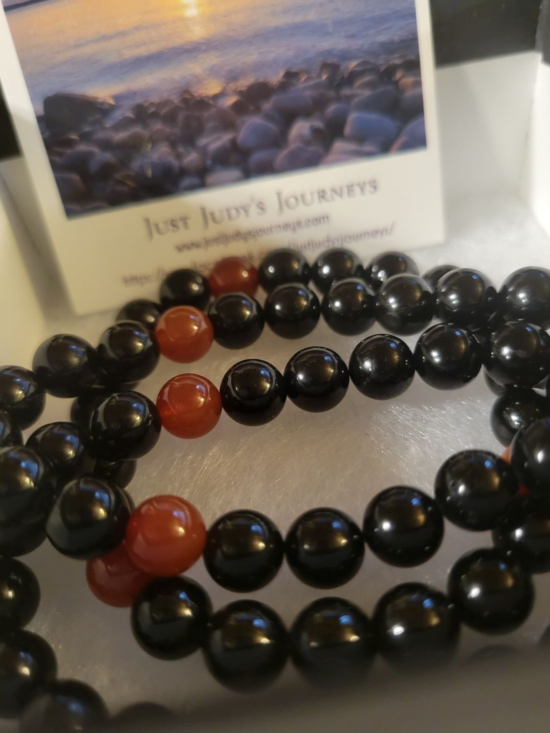 Judy's Intuitively Created Bracelet-Creativity, Sensuality, Spirit- Black Tourmaline &amp; Carnelian- 8mm bead. size medium(average)