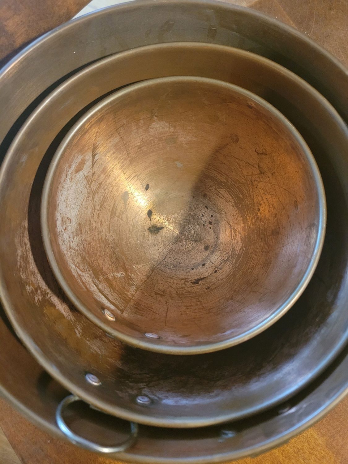 Bowls SET of THREE (previously loved &amp; Used) Copper Bowls with ring handles.