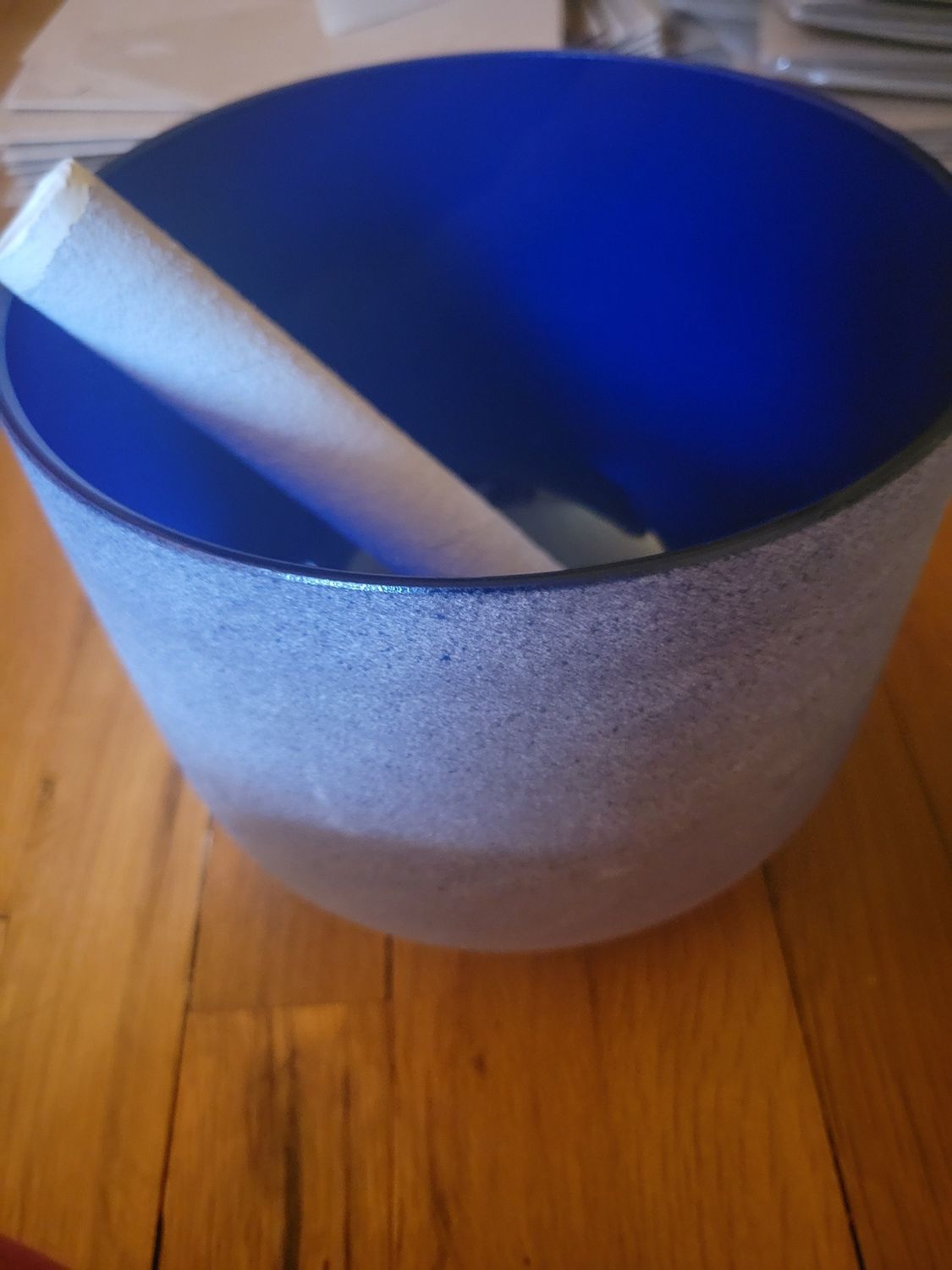 Crystal Frosted 8" Blue Singing Bowl) Throat Chakra) with striker &amp; rubber base-(Studio Piece) PICK UP ONLY