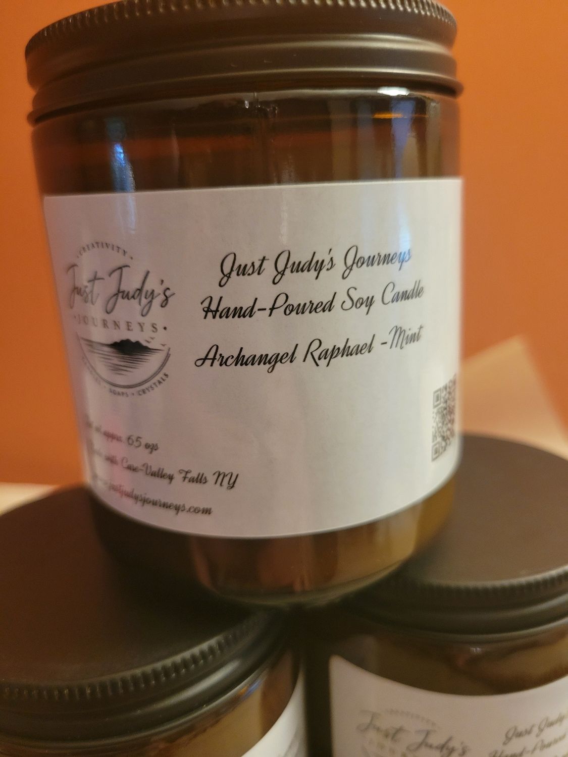 Judy's Soy Candle -Amber Glass **NEW**Design "Archangel Raphael-Garden Mint"