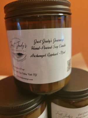 Judy's Soy Candle -Amber Glass **NEW**Design "Archangel Raphael-Garden Mint"