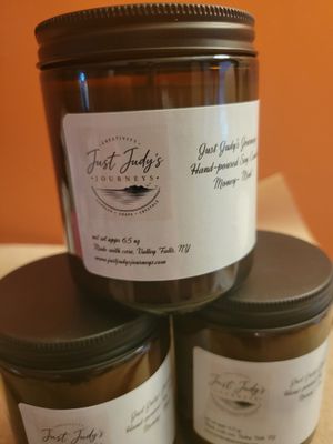 Judy's Soy Candle -Amber Glass **NEW**Design "Money-Mint"