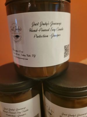 Judy's Soy Candle -Amber Glass **NEW**Design "Protection -Juniper"