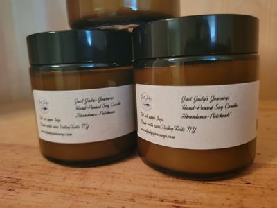 **NEW SIZE** Judy's Soy Candle -Amber Glass **NEW**Design "Abundance"-Patchouli-MEDIUM SIZE ( apprx 3ozs)