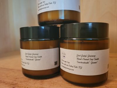 **NEW SIZE** Judy's Soy Candle -Amber Glass **NEW**Design "Snickerdoodle" -MEDIUM SIZE ( apprx 3ozs)