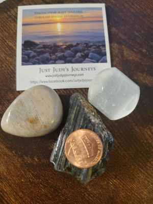 Crystal White selenite, black tourmaline &amp; fossilized coral (Three piece set)