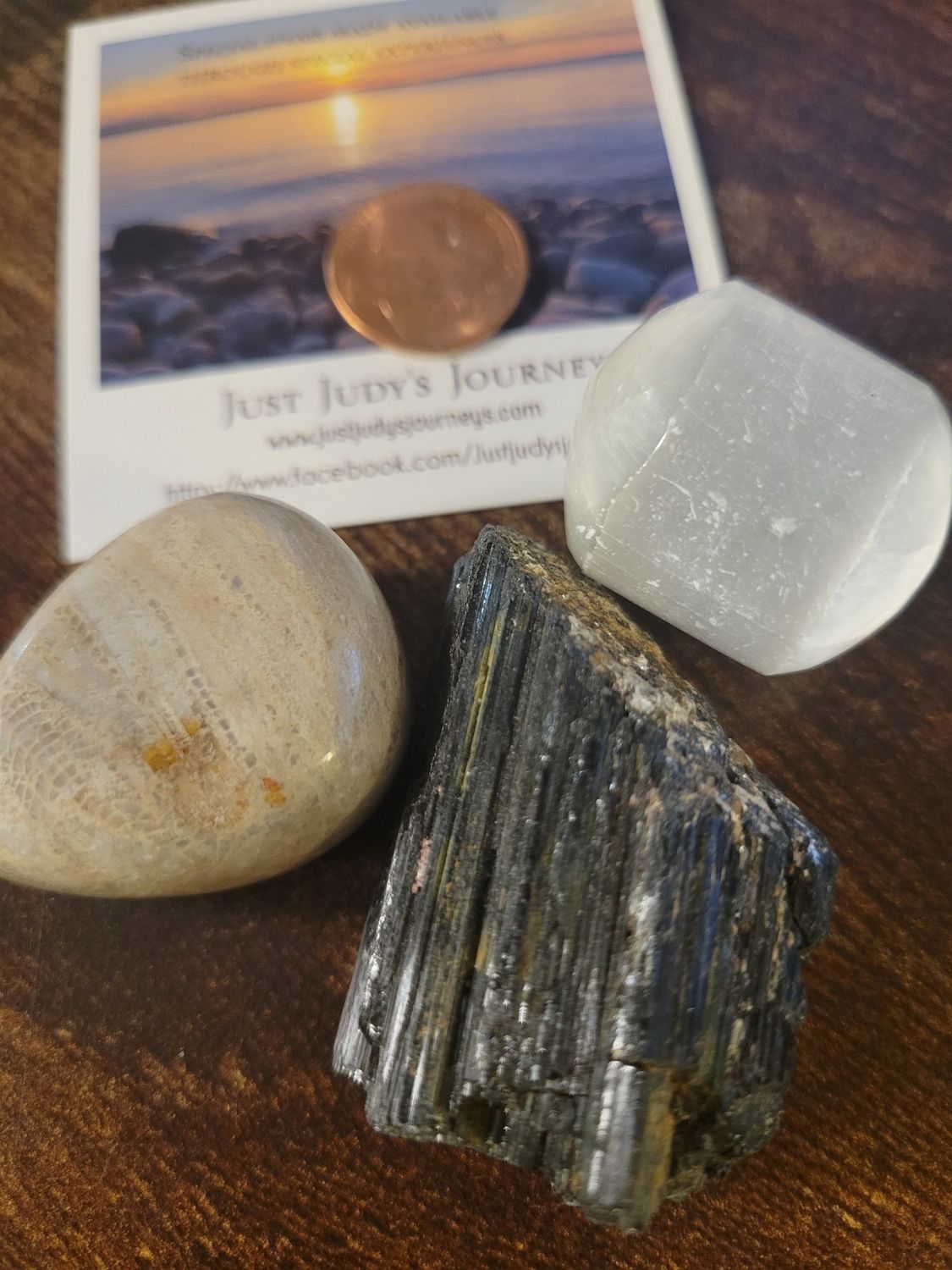 Crystal White selenite, black tourmaline &amp; fossilized coral (Three piece set)