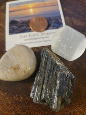 Crystal White selenite, black tourmaline &amp; fossilized coral (Three piece set)