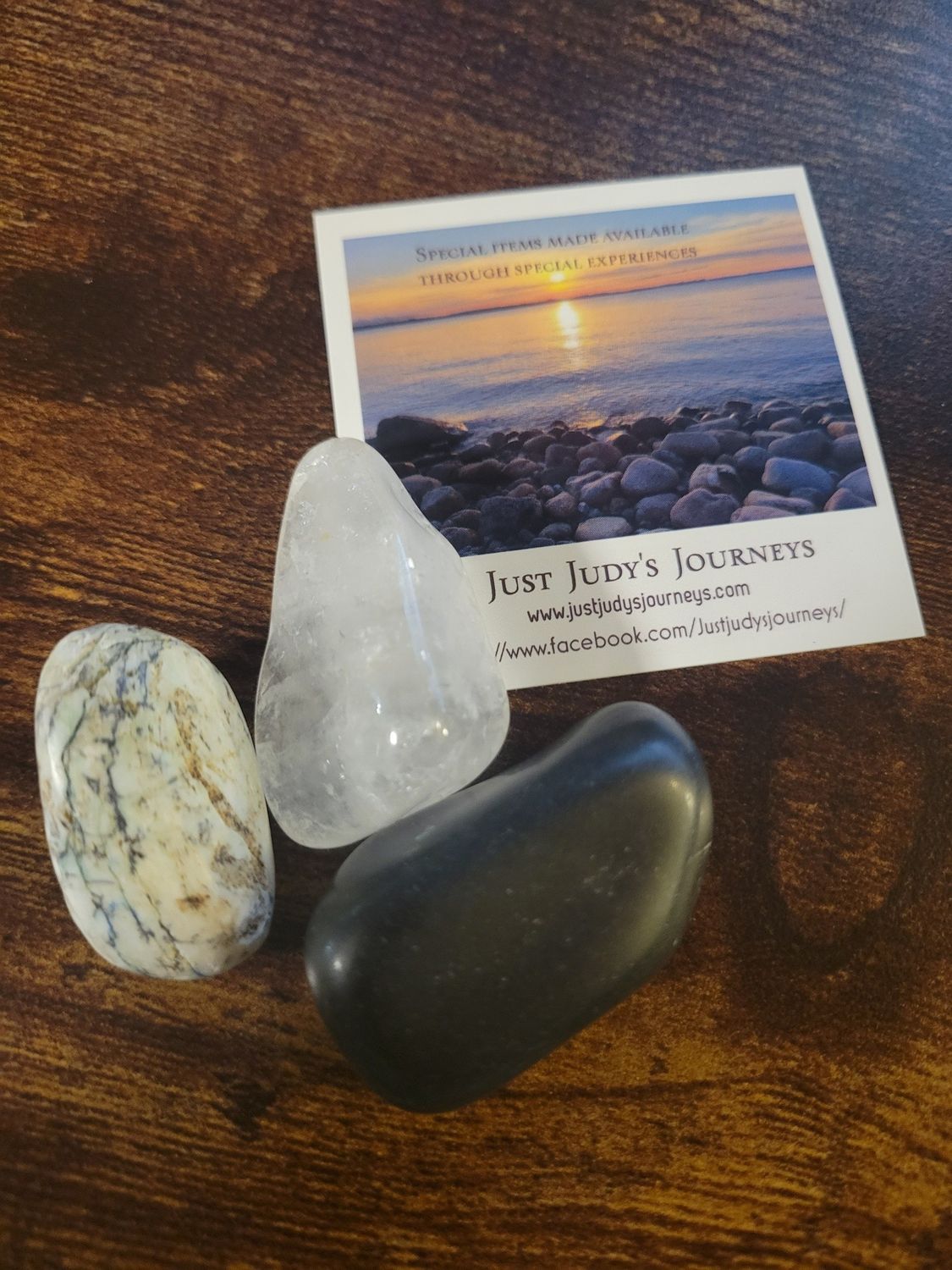 Crystals (three) Pieces, large clear quartz, med tree agate &amp; large shungite -tumbled pieces.