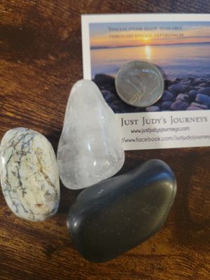 Crystals (three) Pieces, large clear quartz, med tree agate &amp; large shungite -tumbled pieces.