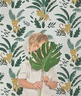 Lilipinso and Co WALLPAPER 50CMX10M) - LITTLE GUEPARD PATTERN AND LIGHT BACKGROUND LEAVES