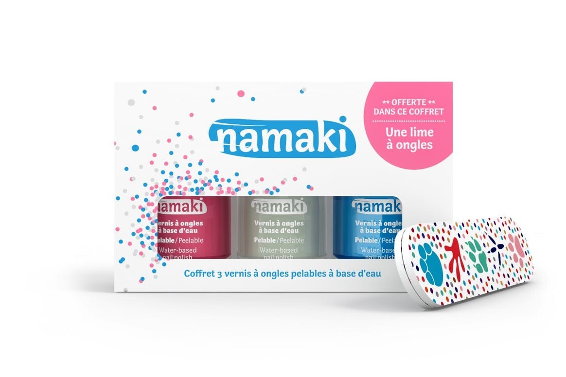 Namaki cosmetics nagų lako komplektas Box of 3 nail polishes Pink(02) - White(05) - Sky blue(08) + free file