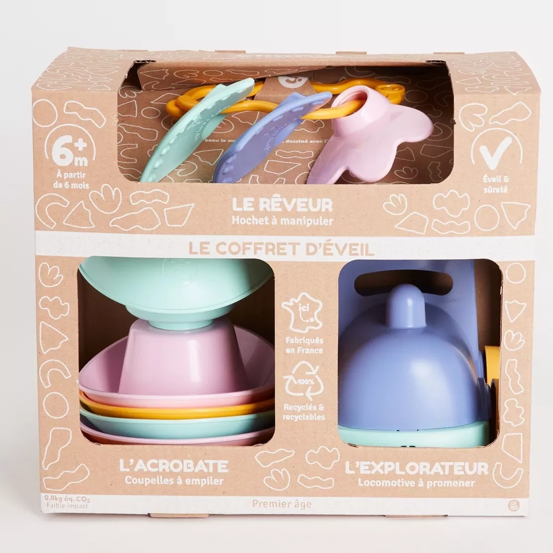 Le Jouet Simple - montessori rinkinys - Early Learning Box - Rattle/Cups/Train - 6 months + - Made in France - Recycled and recyclable - Dishwasher safe